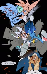Size: 1312x2048 | Tagged: semi-grimdark, artist:afajiao, silver the hedgehog, sonic the hedgehog, black background, blood, clenched teeth, comic, duo, english text, fight, looking at them, nosebleed, simple background, speech bubble
