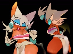 Size: 1429x1063 | Tagged: suggestive, artist:afajiao, rouge the bat, 2026, black background, breasts, butt, cosplay, from behind, simple background, solo, standing, wink