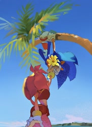 Size: 1490x2048 | Tagged: safe, artist:afajiao, amy rose, sonic the hedgehog, 2026, alternate outfit, amy x sonic, daytime, duo, flower, from below, holding something, looking at them, outdoors, palm tree, shipping, standing, straight, swimsuit, tree