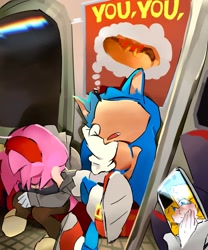 Size: 1705x2048 | Tagged: safe, artist:afajiao, amy rose, maria robotnik, shadow the hedgehog, sonic the hedgehog, human, 2026, alternate outfit, chili dog, eyes closed, food, group, indoors, mouth open, phone, poster, sitting, sleeping, thought bubble, train, window