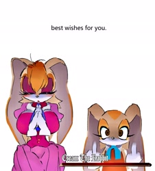 Size: 1851x2048 | Tagged: safe, artist:afajiao, cream the rabbit, vanilla the rabbit, 2026, character name, duo, english text, eyes closed, front view, looking at viewer, middle finger, mother and child, mother and daughter, simple background, standing, staring into your soul, white background