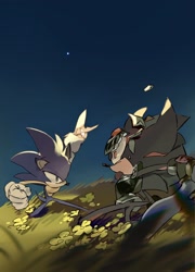 Size: 1478x2048 | Tagged: safe, artist:afajiao, caliburn, shadow the hedgehog, sonic the hedgehog, sonic and the black knight, 2025, clenched fist, duo, fight, flower, gay, holding something, shadow x sonic, shipping, sir lancelot, standing, sword