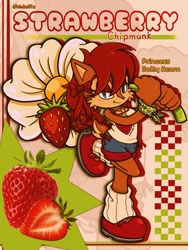 Size: 1536x2048 | Tagged: safe, artist:blnk01z, sally acorn, chipmunk, 2026, abstract background, alternate version, bowtie, character name, clothes, english text, female, flower, fruit, fully clothed, holding something, looking at viewer, pose, shorts, smile, smiling at viewer, solo, standing on one leg, strawberry, text