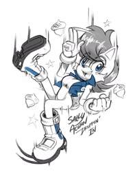 Size: 1359x1722 | Tagged: safe, artist:koud3x, artist:sanikink, sally acorn, chipmunk, 2026, acorn, eye clipping through hair, eyebrow clipping through hair, falling, female, food, greyscale, looking at viewer, mouth open, open smile, sally's vest and boots, simple background, smile, smiling at viewer, solo, star (symbol), white background