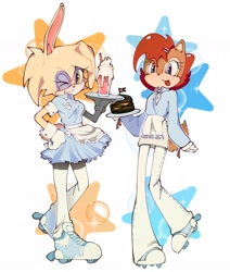 Size: 1734x2048 | Tagged: safe, artist:mas9lm, bunnie rabbot, sally acorn, chipmunk, rabbit, 2026, abstract background, bubbles, burger, clothes, cybernetic, dress, drink, drinking glasses, duo, eye clipping through hair, female, food, fully clothed, holding something, looking at viewer, mouth open, open smile, plate, rollerskates, smile, smiling at viewer, sparkles, star (symbol), waitress, wink, winking at viewer