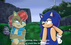 Size: 1939x1250 | Tagged: safe, artist:sezillustrates, sally acorn, sonic the hedgehog, chipmunk, hedgehog, sonic frontiers, 2024, daytime, dialogue, duo, english text, female, looking at each other, male, ring, sally's vest and boots, starfall islands