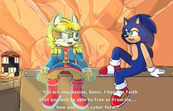Size: 1939x1250 | Tagged: safe, artist:sezillustrates, antoine d'coolette, sonic the hedgehog, coyote, hedgehog, sonic frontiers, 2024, daytime, dialogue, duo, english text, looking at each other, male, sitting, starfall islands, sunlight