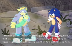 Size: 1939x1250 | Tagged: safe, artist:sezillustrates, rotor walrus, sonic the hedgehog, hedgehog, walrus, sonic frontiers, 2024, daytime, dialogue, duo, english text, male, plant, starfall islands, thinking