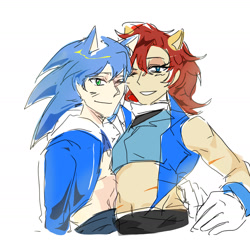 Size: 1416x1416 | Tagged: safe, artist:yoviana_723, sally acorn, sonic the hedgehog, human, 2025, colored sketch, duo, female, humanized, looking at viewer, male, sally x sonic, sally's ringblader outfit, shipping, simple background, sketch, smile, straight, white background