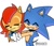 Size: 370x320 | Tagged: safe, artist:povor10, sally acorn, sonic the hedgehog, chipmunk, hedgehog, 2025, blushing, cute, duo, eyes closed, female, hugging, low res, male, sally x sonic, sally's ringblader outfit, shipping, simple background, smile, straight, white background