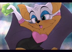 Size: 1200x880 | Tagged: safe, artist:pibblespuppy, rouge the bat, bat, breasts, don bluth, female, gem, solo, style emulation