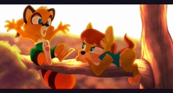 Size: 1200x649 | Tagged: safe, artist:pibblespuppy, marine the raccoon, sally acorn, chipmunk, hybrid, raccoon, squirrel, don bluth, duo, female, pawpads, style emulation, tree