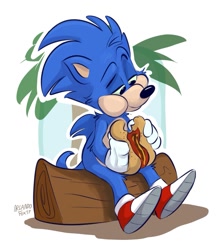 Size: 1151x1317 | Tagged: safe, artist:orlandofox, sonic the hedgehog, hedgehog, chili dog, eating, gloves, hot dog, log, male, sausage, shoes, signature, sitting, solo