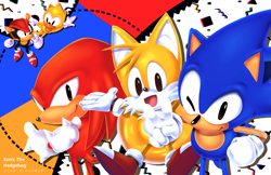 Size: 2000x1294 | Tagged: safe, artist:spudenski, knuckles the echidna, mighty the armadillo, miles "tails" prower, ray the flying squirrel, sonic the hedgehog, armadillo, echidna, flying squirrel, fox, hedgehog, squirrel, classic knuckles, classic mighty, classic ray, classic sonic, classic tails, gloves, looking at viewer, male, open mouth, open smile, shoes, smile, smiling at viewer, wink, winking at viewer