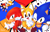 Size: 2000x1294 | Tagged: safe, artist:spudenski, knuckles the echidna, mighty the armadillo, miles "tails" prower, ray the flying squirrel, sonic the hedgehog, armadillo, echidna, flying squirrel, fox, hedgehog, squirrel, abstract background, character name, classic knuckles, classic mighty, classic ray, classic sonic, classic tails, gloves, group, looking at viewer, male, open mouth, open smile, shoes, smile, smiling at viewer, team sonic, trio focus, v sign, wink, winking at viewer