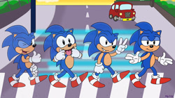 Size: 1192x670 | Tagged: safe, artist:slysonic, sonic the hedgehog, hedgehog, adventures of sonic the hedgehog, abbey road, car, classic sonic, crosswalk, gloves, road, self paradox, shoes