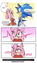 Size: 1220x2048 | Tagged: safe, artist:afajiao, amy rose, sonic the hedgehog, hedgehog, 2025, amy x sonic, big breasts, blushing, comic, dress, duo, english text, looking at them, mouth open, shipping, speech bubble, standing, straight