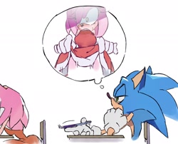 Size: 2048x1658 | Tagged: suggestive, artist:afajiao, amy rose, sonic the hedgehog, 2025, amy x sonic, comic, duo, head rest, holding something, lidded eyes, lifting dress, pen, shipping, simple background, sitting, standing, straight, thought bubble, white background