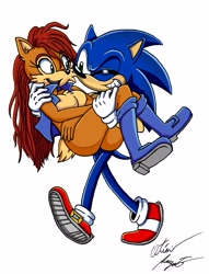 Size: 2162x2836 | Tagged: safe, artist:azul35art, sally acorn, sonic the hedgehog, chipmunk, hedgehog, 2021, carrying them, duo, female, looking at each other, male, sally x sonic, sally's vest and boots, shipping, simple background, smile, straight, walking, white background, wink