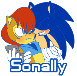 Size: 1187x1161 | Tagged: safe, artist:rubywiitch, nicole the handheld, sally acorn, sonic the hedgehog, chipmunk, hedgehog, 2015, blushing, duo, english text, female, holding something, male, sally x sonic, sally's ringblader outfit, ship name, shipping, straight, transparent background