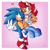 Size: 2000x2000 | Tagged: safe, artist:yoshiyoshi700, sally acorn, sonic the hedgehog, chipmunk, hedgehog, 2022, blushing, carrying them, duo, eye clipping through hair, eyebrow clipping through hair, female, gradient background, heart, looking at viewer, looking offscreen, male, pink background, sally x sonic, sally's vest and boots, shipping, smile, smiling at viewer, straight, wink