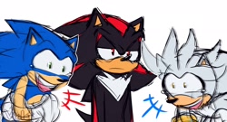 Size: 2048x1108 | Tagged: safe, artist:violetmadness7, shadow the hedgehog, silver the hedgehog, sonic the hedgehog, hedgehog, crying, emanata, gloves, laughing, laughing wolves meme, male, meme, open mouth, open smile, tears of laughter, trio, unamused