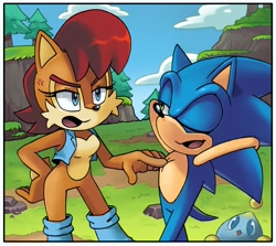 Size: 2052x1830 | Tagged: safe, artist:angiethecat, sally acorn, sonic the hedgehog, chao, chipmunk, hedgehog, 2024, angry, daytime, duo focus, female, hands behind head, looking at each other, male, pointing, sally x sonic, sally's vest and boots, shipping, straight, tree, trio