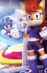 Size: 1238x1900 | Tagged: safe, artist:rafaknight-rk, sally acorn, sonic the hedgehog, chipmunk, hedgehog, 2014, 3d, aircraft, badnik, daytime, duo focus, female, fist, looking at viewer, male, official artwork, pose, robot, sally's ringblader outfit, standing, trio, vehicle