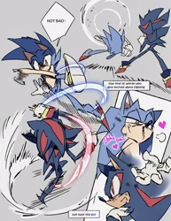 Size: 1582x2048 | Tagged: safe, artist:afajiao, shadow the hedgehog, sonic the hedgehog, 2025, duo, english text, fight, gay, heart, lidded eyes, looking at them, shadow x sonic, shipping, simple background, smile, speech bubble