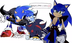 Size: 2048x1238 | Tagged: safe, artist:afajiao, metal sonic, neo metal sonic, shadow the hedgehog, sonic the hedgehog, 2025, cosplay, duo, english text, lidded eyes, looking at each other, looking at them, simple background, smile, speech bubble, standing, white background