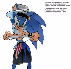 Size: 2048x1980 | Tagged: safe, artist:afajiao, sonic the hedgehog, 2025, alternate outfit, english text, gloves off, hat, looking at viewer, piercing, shorts, simple background, solo, song lyrics, standing, white background