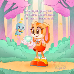 Size: 894x894 | Tagged: safe, artist:faelingmagic, cheese (chao), cream the rabbit, chao, rabbit, cheeseabetes, creamabetes, cute, daytime, dialogue, dress, duo, english text, female, forest, gem, male, open mouth, open smile, shoes, standing, sunlight, tree