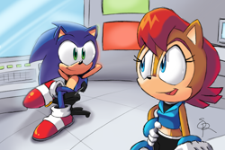 Size: 1800x1200 | Tagged: safe, artist:silhouetterobotnik, sally acorn, sonic the hedgehog, chipmunk, hedgehog, 2022, chair, computer, duo, female, looking at viewer, male, sally x sonic, sally's ringblader outfit, shipping, sitting, straight, talking