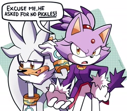 Size: 2048x1792 | Tagged: safe, artist:domestic maid, blaze the cat, silver the hedgehog, cat, hedgehog, 2021, angry, blaze x silver, blushing, dialogue, duo, english text, female, looking at viewer, male, meme, shipping, speech bubble, straight, sweatdrop