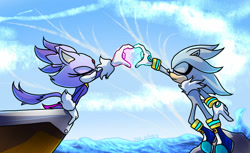 Size: 1280x782 | Tagged: safe, artist:ora-ivory, blaze the cat, silver the hedgehog, cat, hedgehog, 2018, blaze x silver, daytime, duo, eyes closed, female, heart, male, ship, shipping, straight, vehicle, waves