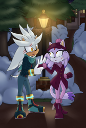 Size: 2120x3150 | Tagged: safe, artist:tejedora, blaze the cat, silver the hedgehog, cat, hedgehog, 2023, blaze x silver, building, clothes, duo, female, fully clothed, looking at viewer, male, nighttime, scar, scarf, shipping, snow, straight, street, street light, tears, tree, winter outfit, wound