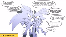 Size: 1920x1080 | Tagged: safe, artist:milk_addicc, blaze the cat, silver the hedgehog, cat, hedgehog, 2026, blaze x silver, dancing, dialogue, duo, english text, female, looking at each other, male, monochrome, shipping, simple background, speech bubble, straight, sweatdrop, white background, worried
