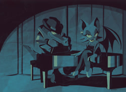 Size: 3000x2208 | Tagged: safe, artist:nenafena, rouge the bat, vector the crocodile, bat, crocodile, 2026, chair, chaotix case files, clothes, dress, duo, ear piercing, fedora, female, hat, looking at viewer, male, musical instrument, necklace, neo-noir, piano, piercing, sitting, suit