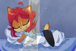 Size: 2159x1468 | Tagged: safe, artist:mari_maria03, sally acorn, chipmunk, 2024, bed, bedroom, clothes, female, pillow, shadow (lighting), sleeping, smile, solo