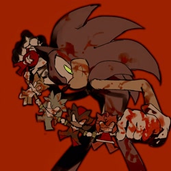 Size: 2048x2048 | Tagged: semi-grimdark, artist:afajiao, amy rose, knuckles the echidna, miles "tails" prower, shadow the hedgehog, silver the hedgehog, sonic the hedgehog, 2025, blood, blood on face, blood splatter, holding something, looking at viewer, red background, simple background, smile, solo, standing