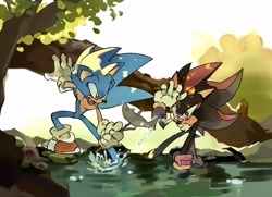 Size: 2048x1480 | Tagged: safe, artist:afajiao, shadow the hedgehog, sonic the hedgehog, 2025, daytime, duo, fish, gay, holding something, literal animal, mouth open, outdoors, shadow x sonic, shipping, smile, standing, stick, tree, water