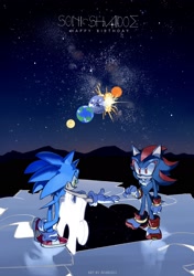 Size: 1442x2048 | Tagged: safe, artist:afajiao, shadow the hedgehog, sonic the hedgehog, 2025, birthday, character name, death egg, earth, gay, happy birthday, looking at each other, looking at them, nighttime, outdoors, planet, puzzle, puzzle piece, shadow x sonic, shipping, smile, standing, star (sky), trio