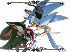Size: 2048x1496 | Tagged: safe, artist:afajiao, shadow the hedgehog, sonic the hedgehog, 2025, alternate universe, clenched teeth, duo, flower, gay, headphones, looking at each other, looking at them, mouth open, saliva, shadow x sonic, sharp teeth, shipping, simple background, standing, white background
