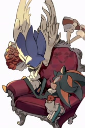 Size: 1366x2048 | Tagged: safe, artist:afajiao, shadow the hedgehog, sonic the hedgehog, 2025, angel wings, book, bouquet, chair, duo, flower, gay, holding something, looking at them, lying down, rose, shadow x sonic, shipping, simple background, white background, wings