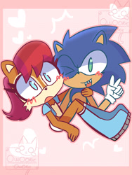 Size: 1536x2048 | Tagged: safe, artist:owoorie, sally acorn, sonic the hedgehog, chipmunk, hedgehog, 2026, abstract background, blushing, carrying them, duo, female, heart, looking at viewer, male, open smile, sally x sonic, sally's vest and boots, shipping, smile, smiling at viewer, straight, v sign, watermark, wink