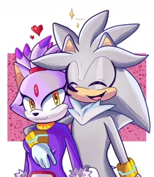 Size: 1179x1360 | Tagged: safe, artist:shanonuniverse, blaze the cat, silver the hedgehog, cat, hedgehog, 2023, :3, abstract background, arm around shoulders, blaze x silver, duo, eyes closed, female, hand on another's chest, happy, heart, male, open smile, shipping, smile, sparkles, standing, straight