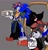 Size: 1956x2048 | Tagged: safe, artist:afajiao, metal sonic, neo metal sonic, shadow the hedgehog, sonic the hedgehog, 2025, box, cosplay, duo, english text, food, gay, grey background, hand behind back, hat, holding something, hugging, shadow x sonic, shipping, simple background, speech bubble, standing