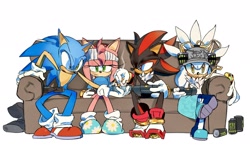 Size: 2048x1226 | Tagged: safe, artist:afajiao, amy rose, shadow the hedgehog, silver the hedgehog, sonic the hedgehog, 2025, alternate shoes, ashtray, can, cigarette, controller, couch, drink, drinking, group, hat, holding something, lidded eyes, looking at each other, looking at them, monster energy drink, playing videogame, simple background, sitting, slippers, smoke, smoking, soda, white background