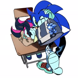 Size: 2048x2048 | Tagged: safe, artist:afajiao, shadow the hedgehog, sonic the hedgehog, chao, 2025, alternate outfit, alternate shoes, bag, character chao, charm, desk, duo, hand on own face, holding something, pants, simple background, sitting, sonic chao, standing, white background