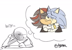 Size: 2048x1434 | Tagged: safe, artist:afajiao, shadow the hedgehog, sonic the hedgehog, 2025, drawing, eyes closed, gay, holding something, kiss, shadow x sonic, shipping, simple background, thought bubble, trio, white background